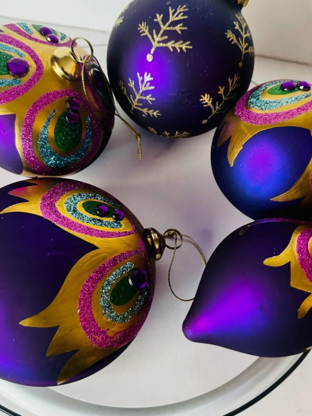 5 Peacock Feather Christmas Tree Ornaments Purple Teal Gold Glittered Gemstone